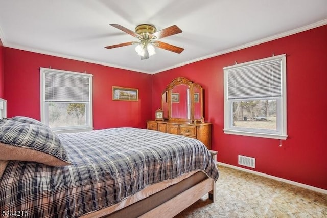 11 Mountain View Dr, Chester Twp, NJ 07930 - bedroom featuring a ceiling fan, baseboards, visible vents, crown molding, and carpet floors