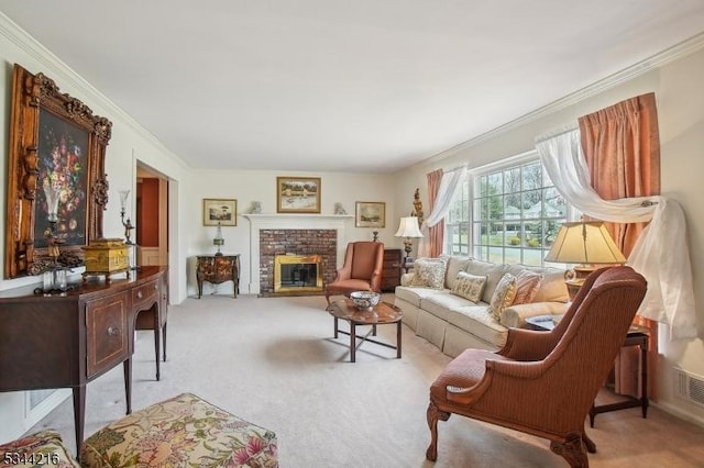 11 Mountain View Dr, Chester Twp, NJ 07930 - living room featuring ornamental molding, light carpet, and a brick fireplace