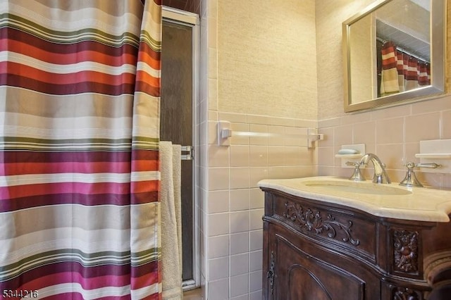 11 Mountain View Dr, Chester Twp, NJ 07930 - bathroom with tile walls, curtained shower, and vanity