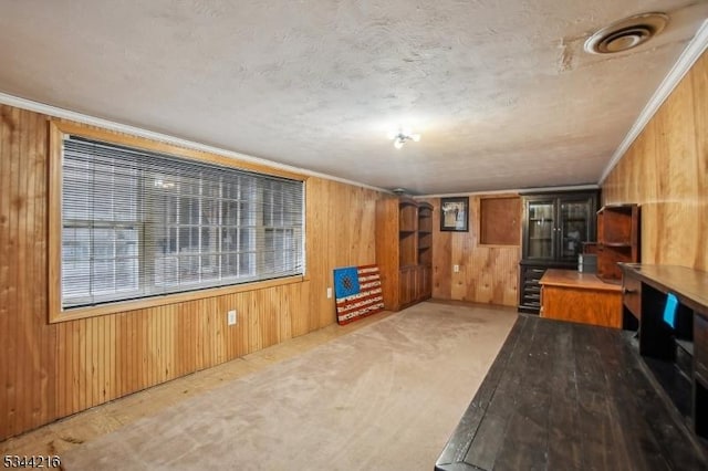 11 Mountain View Dr, Chester Twp, NJ 07930 - interior space with crown molding, wood walls, a textured ceiling, and visible vents