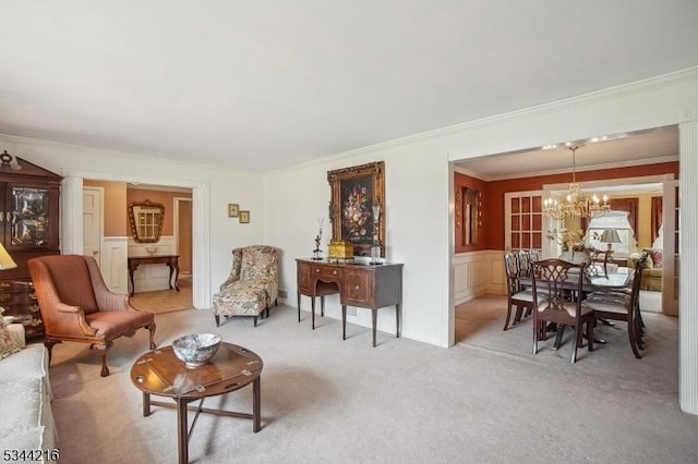 11 Mountain View Dr, Chester Twp, NJ 07930 - living room featuring a decorative wall, light colored carpet, ornamental molding, an inviting chandelier, and wainscoting