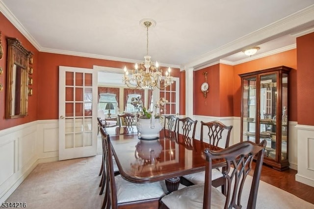 11 Mountain View Dr, Chester Twp, NJ 07930 - dining room with a decorative wall, ornamental molding, a notable chandelier, and french doors