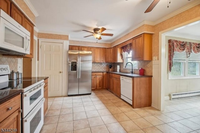 11 Mountain View Dr, Chester Twp, NJ 07930 - kitchen featuring a ceiling fan, white appliances, baseboard heating, and dark countertops