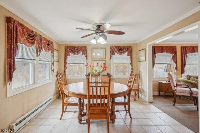 11 Mountain View Dr, Chester Twp, NJ 07930 - dining area with ceiling fan, ornamental molding, light tile patterned floors, and a baseboard heating unit