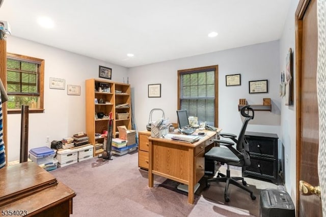 office area with carpet floors and recessed lighting