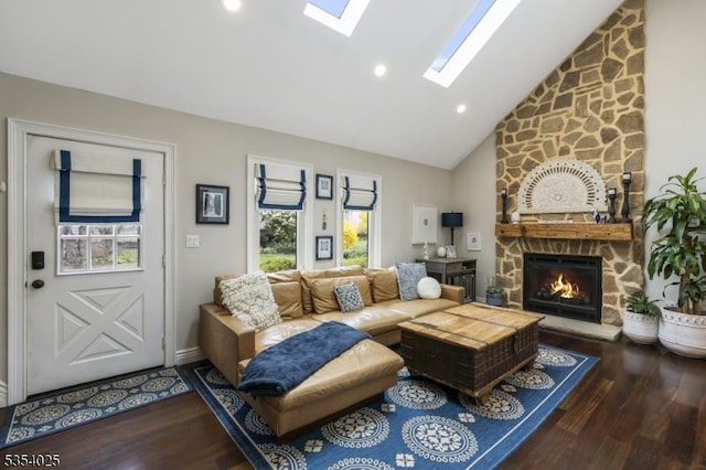 3 F Somerset Hills Ct Unit 3F, Bernardsville Boro, NJ 07924 - living area featuring wood finished floors, a skylight, a fireplace, and high vaulted ceiling