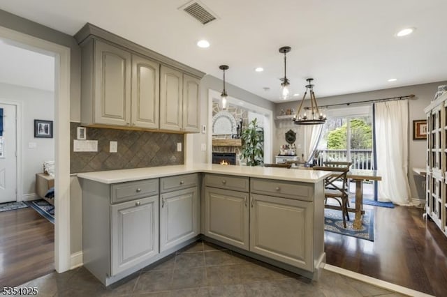 3 F Somerset Hills Ct Unit 3F, Bernardsville Boro, NJ 07924 - kitchen with gray cabinetry, light countertops, a peninsula, tasteful backsplash, and recessed lighting
