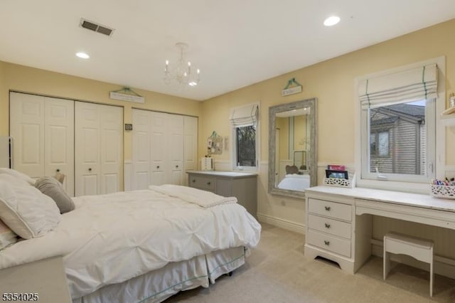 3 F Somerset Hills Ct Unit 3F, Bernardsville Boro, NJ 07924 - bedroom featuring two closets, light colored carpet, a chandelier, a desk, and recessed lighting