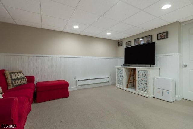 3 F Somerset Hills Ct Unit 3F, Bernardsville Boro, NJ 07924 - sitting room with a baseboard heating unit, wainscoting, carpet, a drop ceiling, and recessed lighting