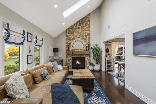 3 F Somerset Hills Ct Unit 3F, Bernardsville Boro, NJ 07924 - living room with high vaulted ceiling, wood finished floors, a fireplace, a skylight, and recessed lighting