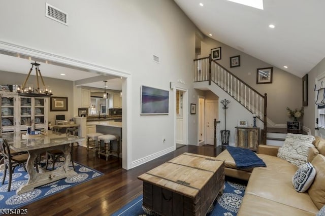 3 F Somerset Hills Ct Unit 3F, Bernardsville Boro, NJ 07924 - living area with dark wood finished floors, stairway, recessed lighting, and high vaulted ceiling