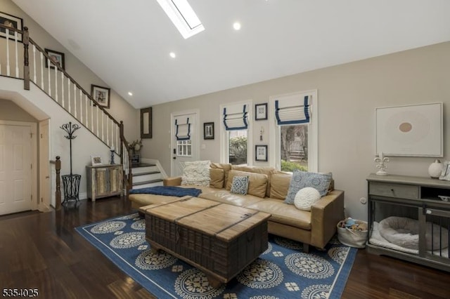 3 F Somerset Hills Ct Unit 3F, Bernardsville Boro, NJ 07924 - living room with stairs, wood finished floors, recessed lighting, high vaulted ceiling, and a skylight
