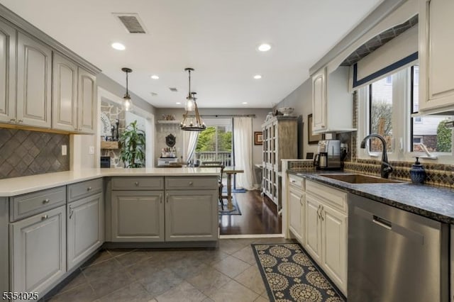 3 F Somerset Hills Ct Unit 3F, Bernardsville Boro, NJ 07924 - kitchen with dishwasher, gray cabinets, a peninsula, backsplash, and recessed lighting