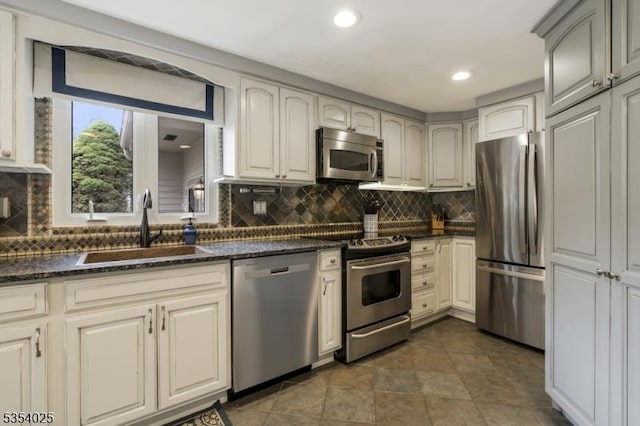 3 F Somerset Hills Ct Unit 3F, Bernardsville Boro, NJ 07924 - kitchen featuring appliances with stainless steel finishes, decorative backsplash, dark stone counters, and recessed lighting