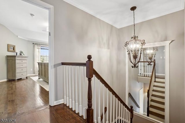stairway with baseboards, ornamental molding, hardwood / wood-style flooring, and a notable chandelier