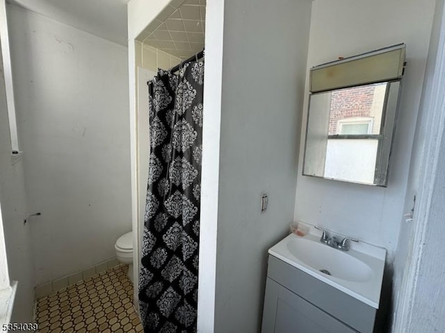full bathroom featuring vanity, toilet, and a shower with shower curtain