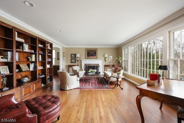 living room featuring crown molding, baseboards, a fireplace, and light wood-type flooring