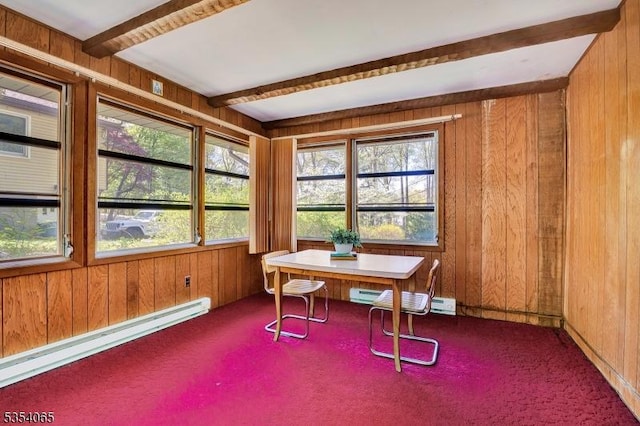 sunroom featuring beamed ceiling and baseboard heating