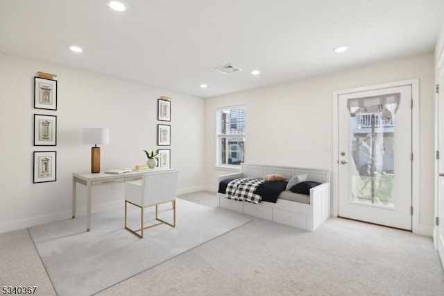 office area with carpet floors, recessed lighting, and visible vents