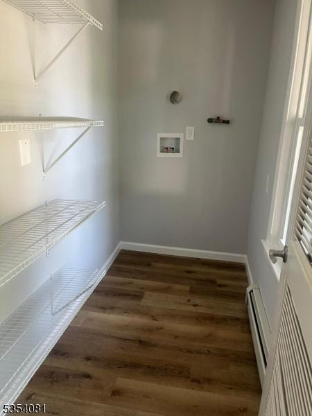 914 S St, Elizabeth City, NJ 07202 - laundry room featuring laundry area, wood finished floors, baseboards, hookup for a washing machine, and a baseboard radiator