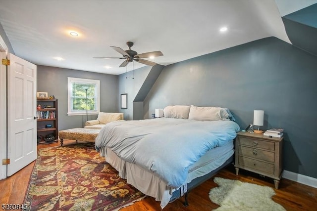 bedroom with recessed lighting, baseboards, ceiling fan, and wood finished floors