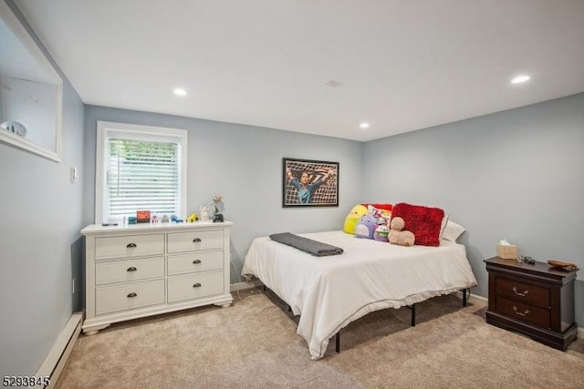 bedroom with baseboards, a baseboard radiator, recessed lighting, and light colored carpet