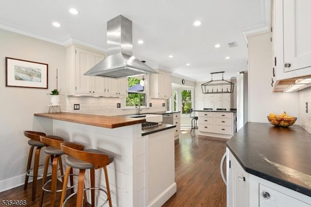 kitchen featuring ornamental molding, dark wood-type flooring, recessed lighting, tasteful backsplash, and island exhaust hood