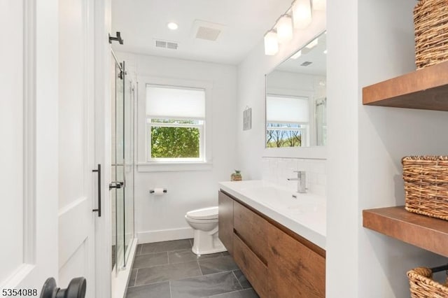 full bath with decorative backsplash, visible vents, a shower stall, vanity, and toilet