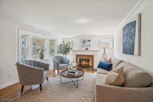 living room with baseboards, ornamental molding, wood finished floors, and a fireplace