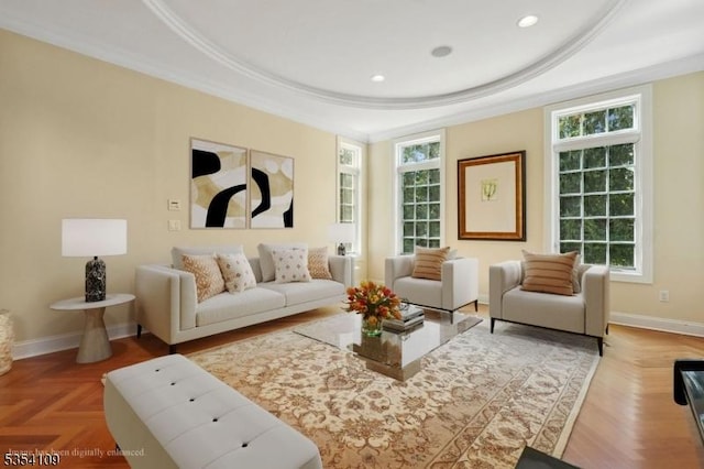 living area featuring crown molding, baseboards, a wealth of natural light, and a raised ceiling