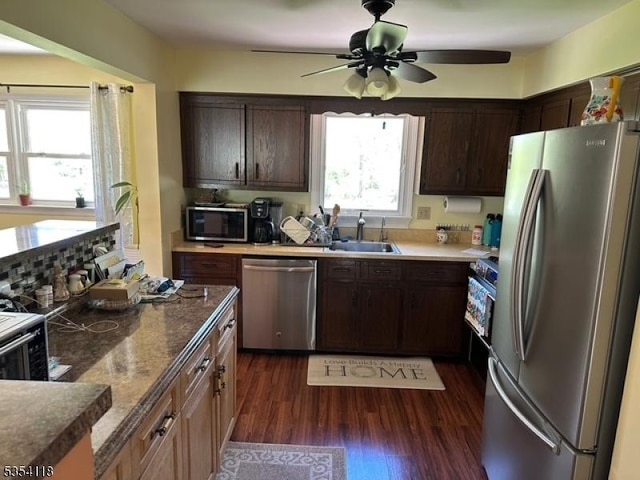 61 Duval St, Bridgewater Twp, NJ 08807 - kitchen with a sink, appliances with stainless steel finishes, ceiling fan, and a healthy amount of sunlight