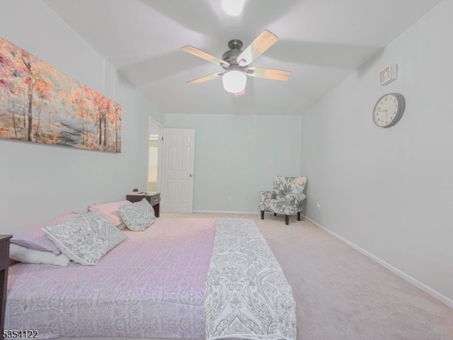 bedroom with carpet floors, baseboards, and ceiling fan