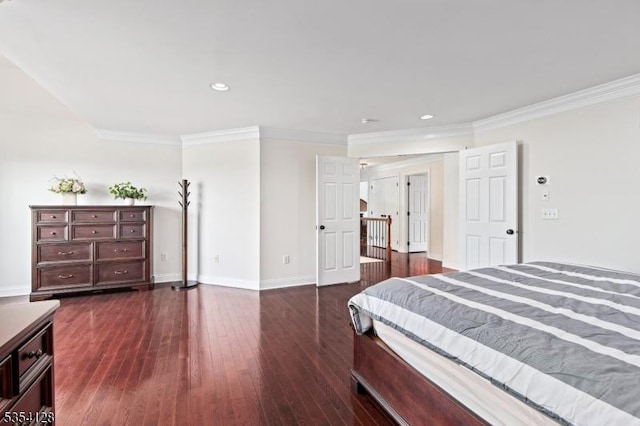 bedroom with recessed lighting, baseboards, dark wood finished floors, and ornamental molding