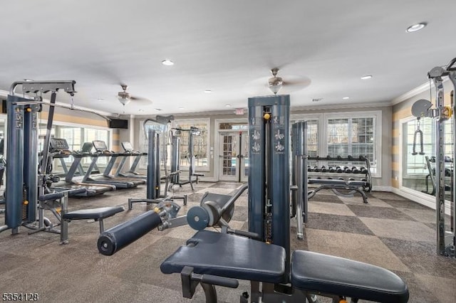 gym featuring crown molding, carpet flooring, baseboards, and recessed lighting