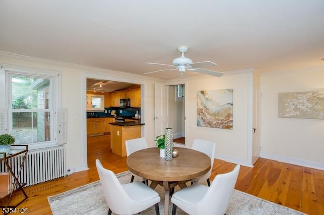 dining space featuring ceiling fan, ornamental molding, radiator, and light wood-type flooring