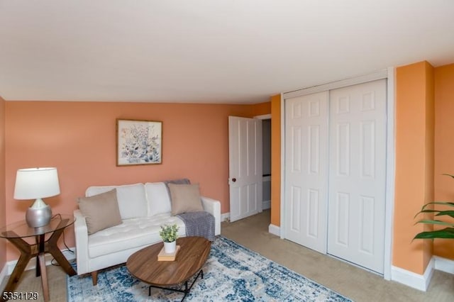 living area featuring baseboards and carpet