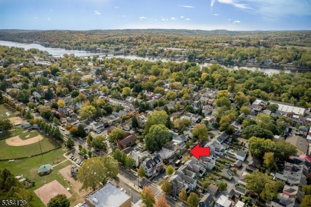 drone / aerial view featuring a water view