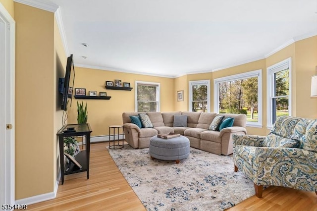 living area featuring wood finished floors, a healthy amount of sunlight, and baseboard heating