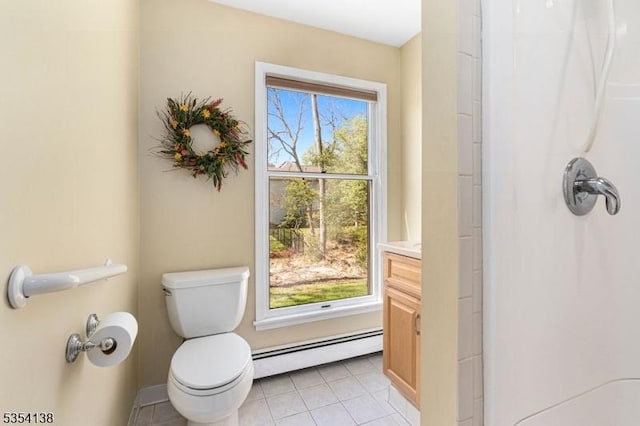 bathroom with toilet, walk in shower, tile patterned flooring, and a baseboard radiator