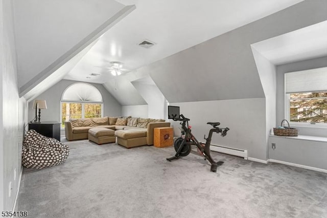 workout room with visible vents, carpet, a ceiling fan, vaulted ceiling, and a baseboard heating unit