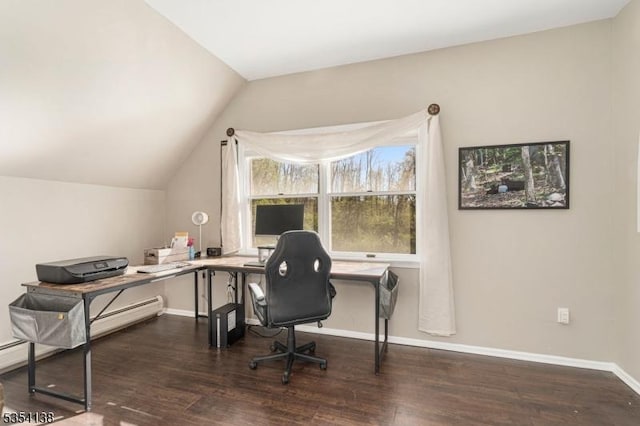 office area with baseboards, wood finished floors, lofted ceiling, and a baseboard radiator