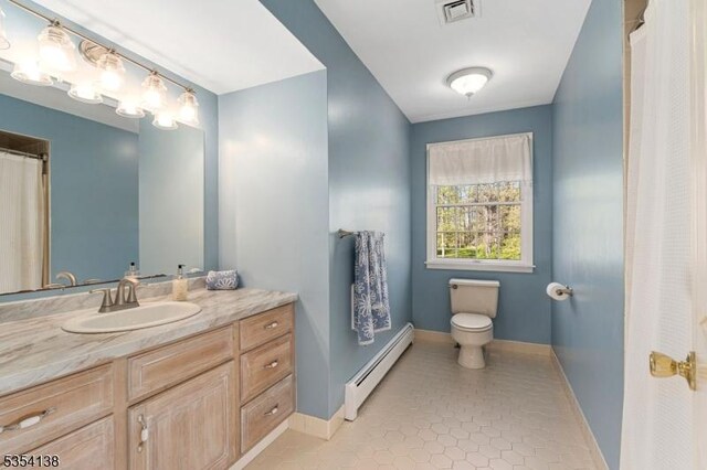 bathroom featuring baseboard heating, tile patterned flooring, toilet, baseboards, and visible vents