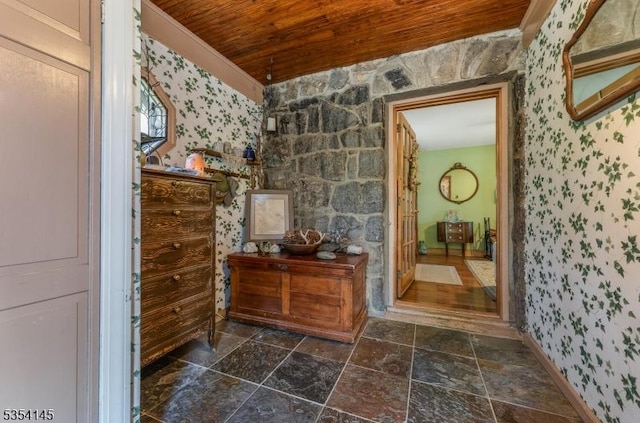 bathroom featuring wooden ceiling, vanity, and wallpapered walls