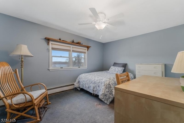 bedroom with a ceiling fan, a baseboard heating unit, and dark colored carpet