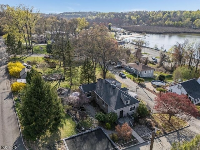 drone / aerial view with a water view