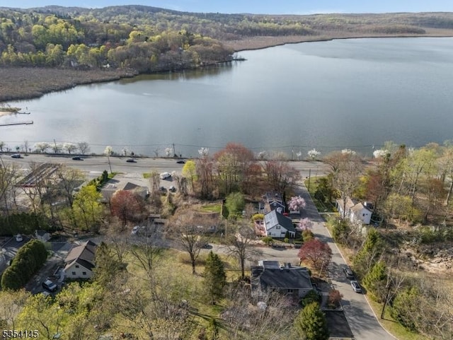 aerial view featuring a water view and a wooded view