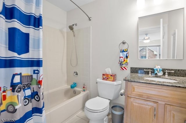 bathroom featuring toilet, shower / bath combination with curtain, tile patterned flooring, and vanity