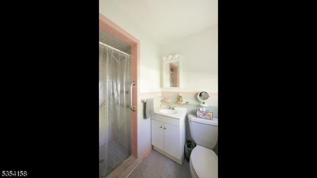 full bath featuring vanity, a stall shower, and toilet