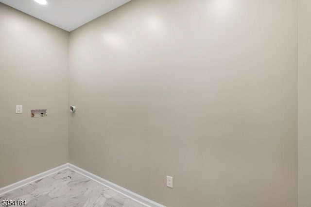 washroom with laundry area, hookup for a washing machine, marble finish floor, recessed lighting, and baseboards