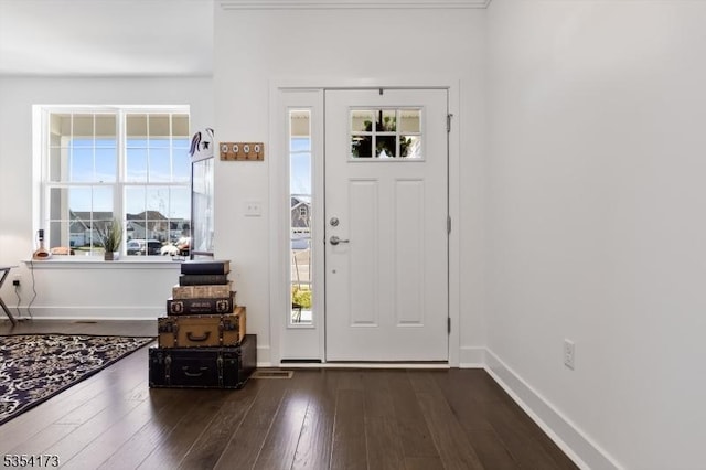 foyer featuring baseboards, dark wood-style floors, and a wealth of natural light